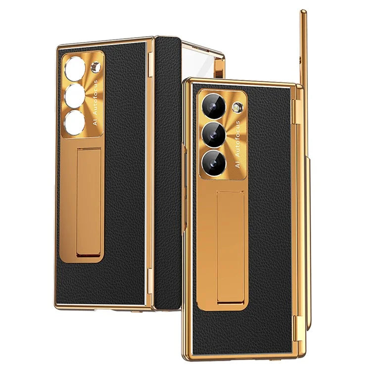 For Samsung Galaxy Z Fold6 5G PU Leather+Aluminum Alloy Kickstand Cover Folding Phone Case with Pen  /  Pen Slot