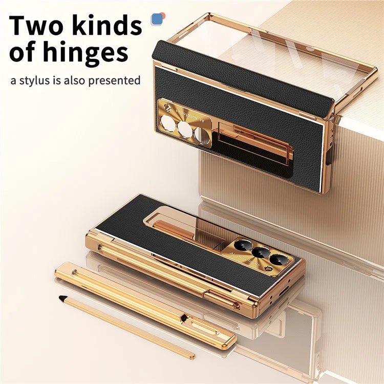 For Samsung Galaxy Z Fold6 5G PU Leather+Aluminum Alloy Kickstand Cover Folding Phone Case with Pen  /  Pen Slot