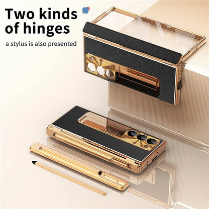 For Samsung Galaxy Z Fold6 5G PU Leather+Aluminum Alloy Kickstand Cover Folding Phone Case with Pen  /  Pen Slot