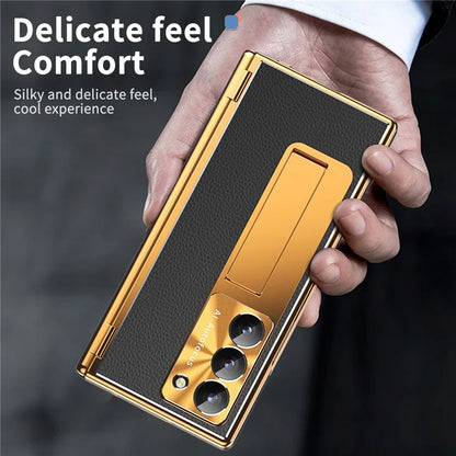 For Samsung Galaxy Z Fold6 5G PU Leather+Aluminum Alloy Kickstand Cover Folding Phone Case with Pen  /  Pen Slot