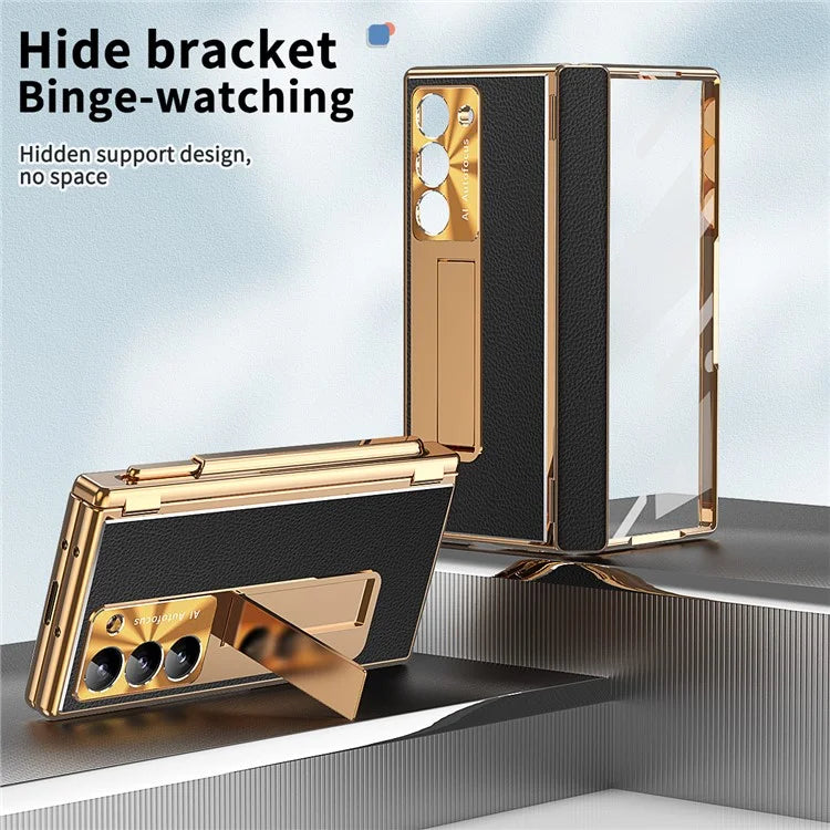 For Samsung Galaxy Z Fold6 5G PU Leather+Aluminum Alloy Kickstand Cover Folding Phone Case with Pen  /  Pen Slot