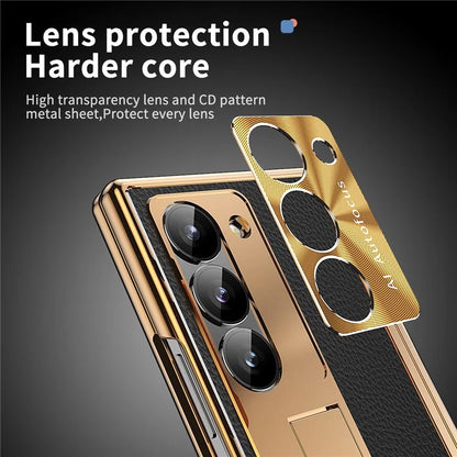 For Samsung Galaxy Z Fold6 5G PU Leather+Aluminum Alloy Kickstand Cover Folding Phone Case with Pen  /  Pen Slot