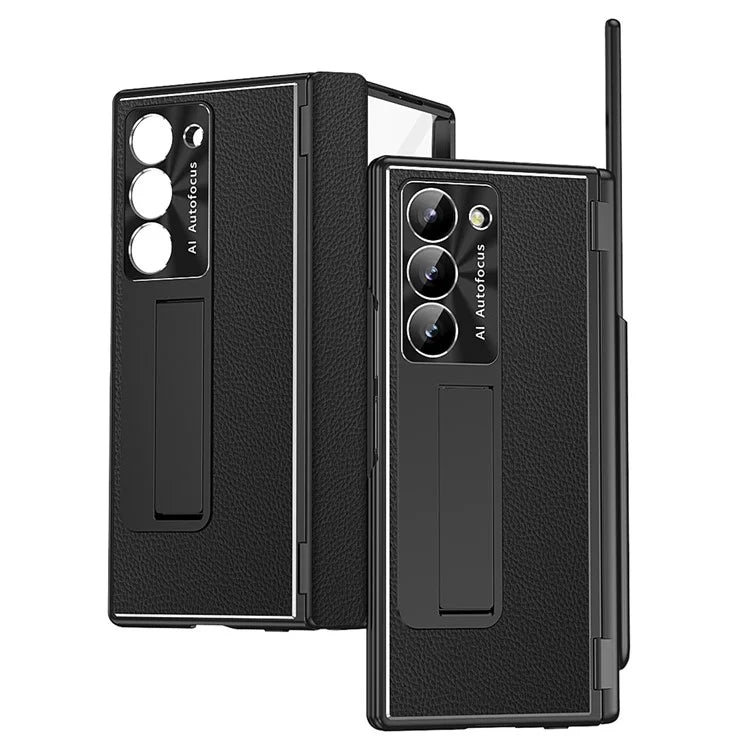 For Samsung Galaxy Z Fold6 5G PU Leather+Aluminum Alloy Kickstand Cover Folding Phone Case with Pen  /  Pen Slot