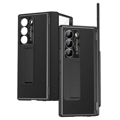 For Samsung Galaxy Z Fold6 5G PU Leather+Aluminum Alloy Kickstand Cover Folding Phone Case with Pen  /  Pen Slot