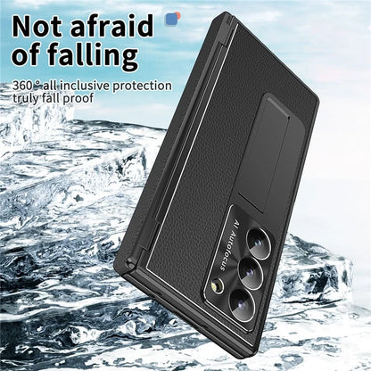 For Samsung Galaxy Z Fold6 5G PU Leather+Aluminum Alloy Kickstand Cover Folding Phone Case with Pen  /  Pen Slot