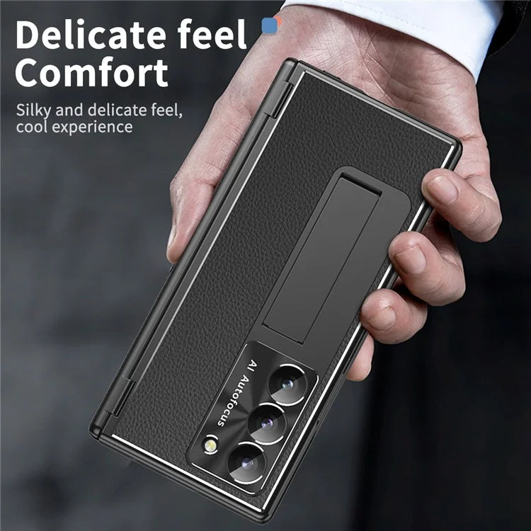For Samsung Galaxy Z Fold6 5G PU Leather+Aluminum Alloy Kickstand Cover Folding Phone Case with Pen  /  Pen Slot