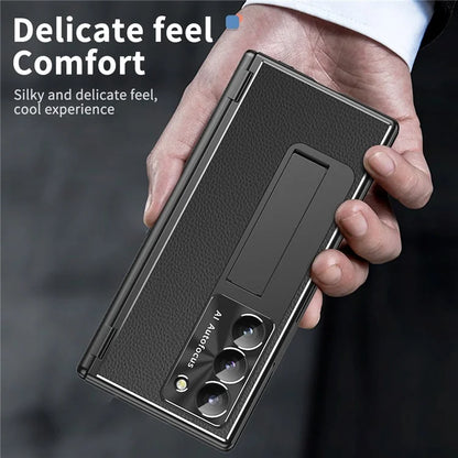 For Samsung Galaxy Z Fold6 5G PU Leather+Aluminum Alloy Kickstand Cover Folding Phone Case with Pen  /  Pen Slot