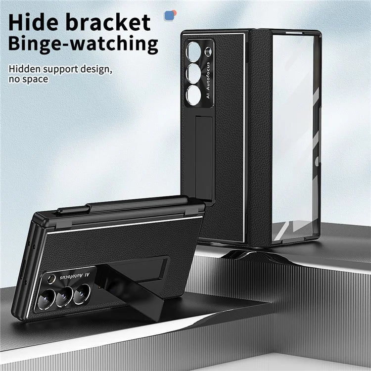 For Samsung Galaxy Z Fold6 5G PU Leather+Aluminum Alloy Kickstand Cover Folding Phone Case with Pen  /  Pen Slot
