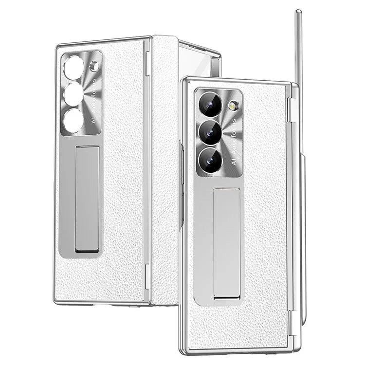 For Samsung Galaxy Z Fold6 5G PU Leather+Aluminum Alloy Kickstand Cover Folding Phone Case with Pen  /  Pen Slot