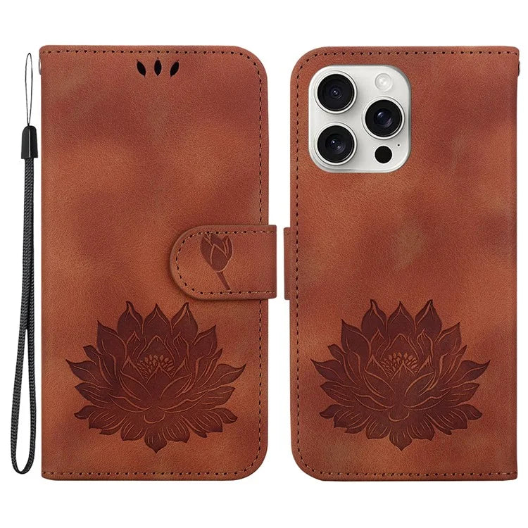 For iPhone 16 Pro Max Phone Case Lotus Imprint Leather Stand Wallet Cover