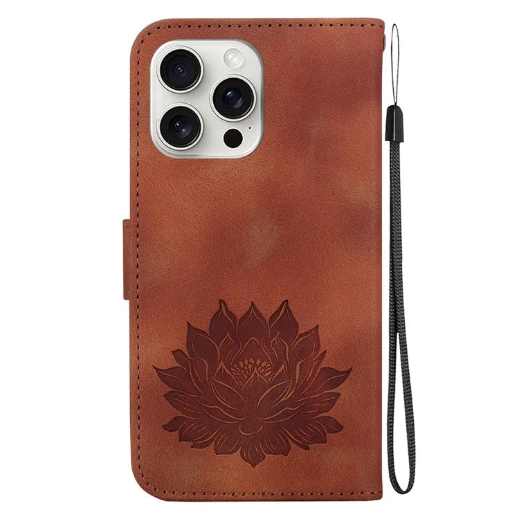 For iPhone 16 Pro Max Phone Case Lotus Imprint Leather Stand Wallet Cover