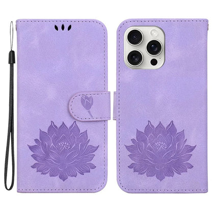 For iPhone 16 Pro Max Phone Case Lotus Imprint Leather Stand Wallet Cover