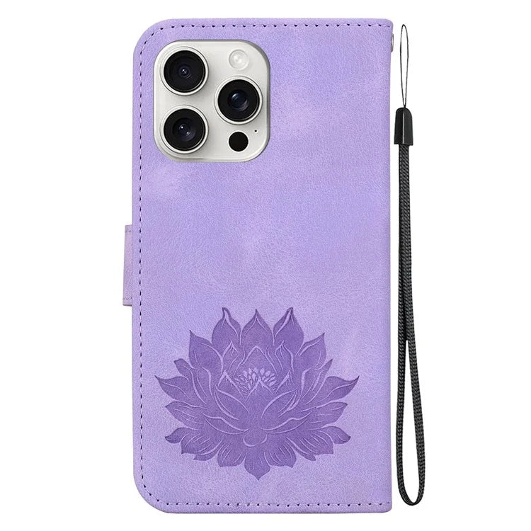 For iPhone 16 Pro Max Phone Case Lotus Imprint Leather Stand Wallet Cover