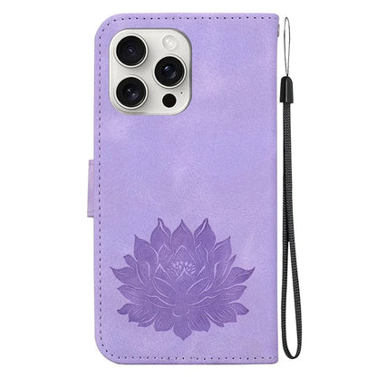 For iPhone 16 Pro Max Phone Case Lotus Imprint Leather Stand Wallet Cover