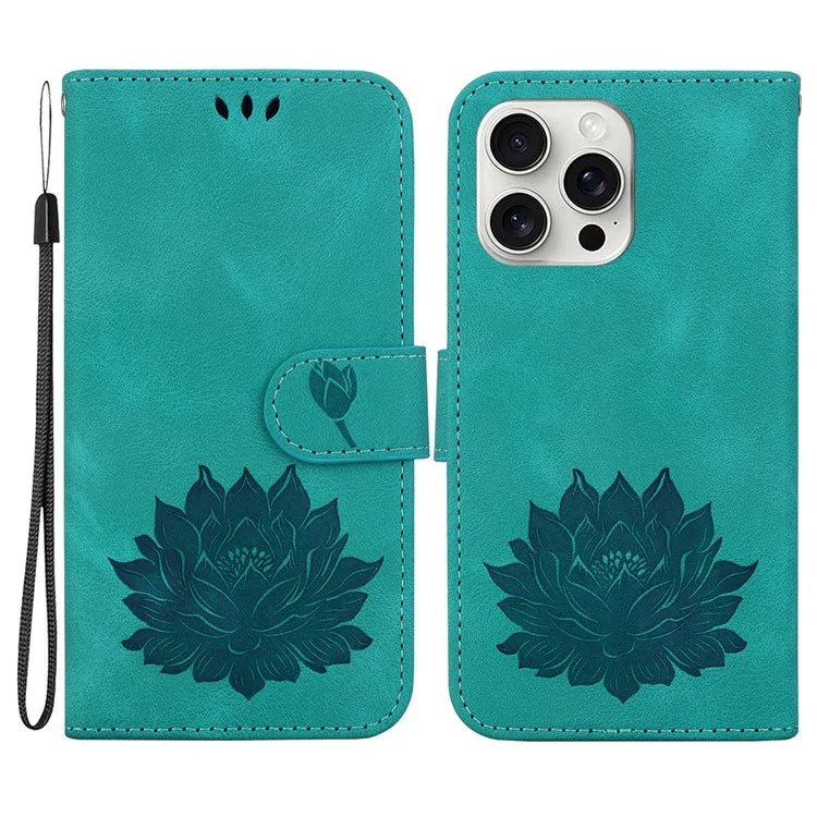 For iPhone 16 Pro Max Phone Case Lotus Imprint Leather Stand Wallet Cover