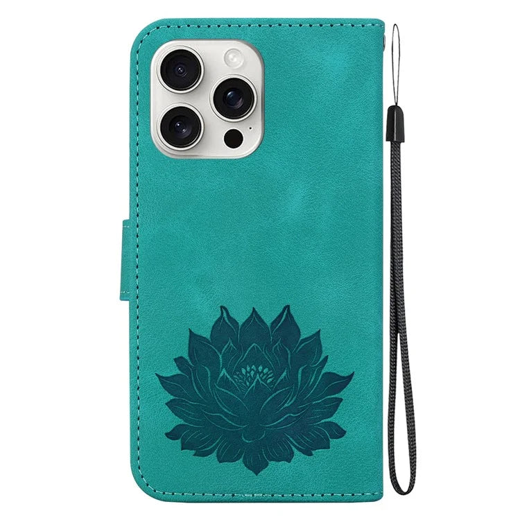 For iPhone 16 Pro Max Phone Case Lotus Imprint Leather Stand Wallet Cover