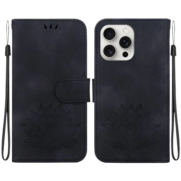 For iPhone 16 Pro Max Phone Case Lotus Imprint Leather Stand Wallet Cover