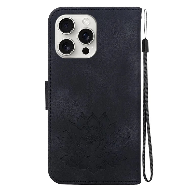For iPhone 16 Pro Max Phone Case Lotus Imprint Leather Stand Wallet Cover