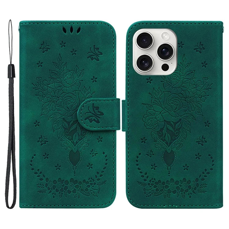 For iPhone 16 Pro Max Wallet Case PU Leather Phone Cover Butterfly Flower Imprint