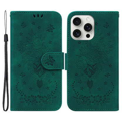 For iPhone 16 Pro Max Wallet Case PU Leather Phone Cover Butterfly Flower Imprint