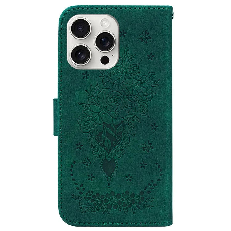 For iPhone 16 Pro Max Wallet Case PU Leather Phone Cover Butterfly Flower Imprint