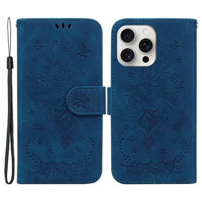For iPhone 16 Pro Max Wallet Case PU Leather Phone Cover Butterfly Flower Imprint