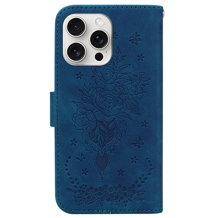 For iPhone 16 Pro Max Wallet Case PU Leather Phone Cover Butterfly Flower Imprint