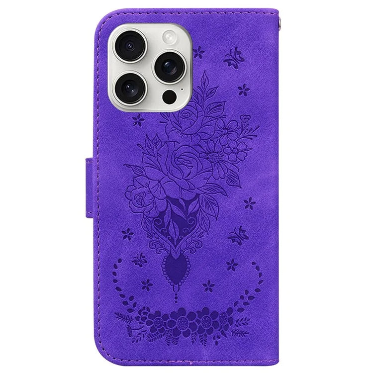 For iPhone 16 Pro Max Wallet Case PU Leather Phone Cover Butterfly Flower Imprint