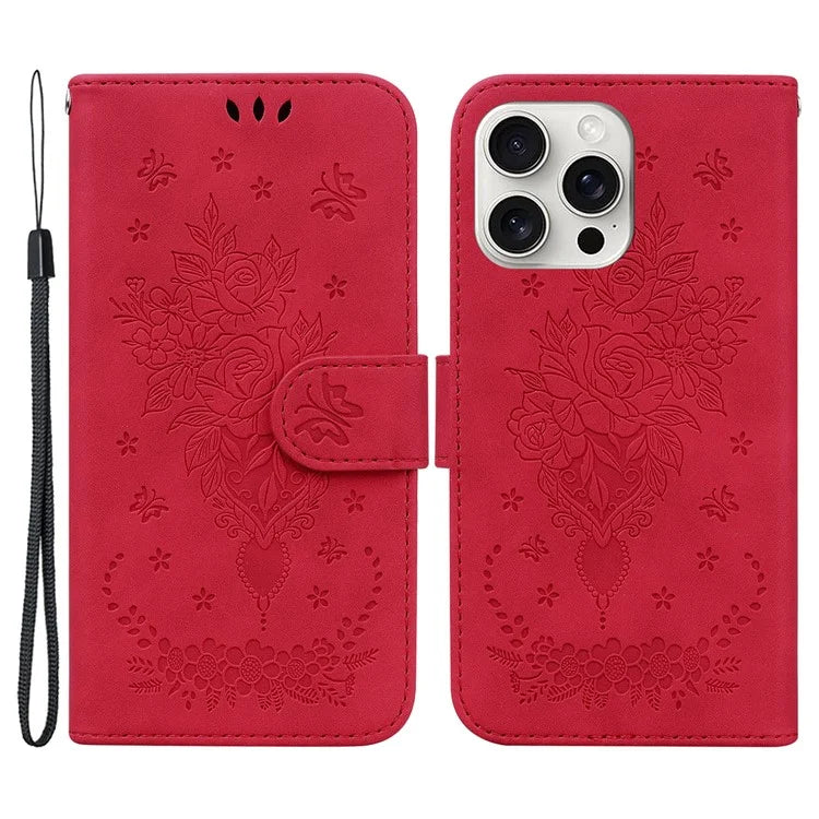 For iPhone 16 Pro Max Wallet Case PU Leather Phone Cover Butterfly Flower Imprint