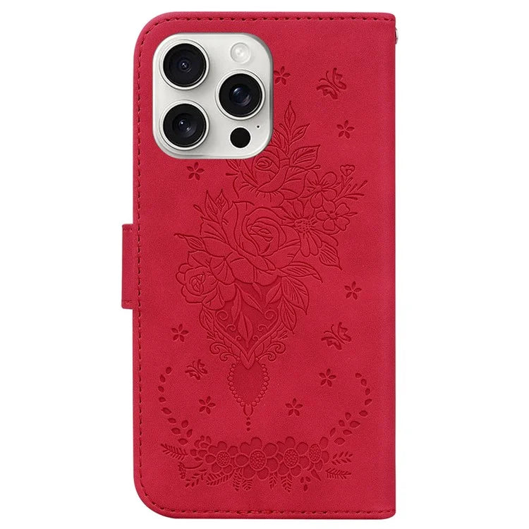 For iPhone 16 Pro Max Wallet Case PU Leather Phone Cover Butterfly Flower Imprint