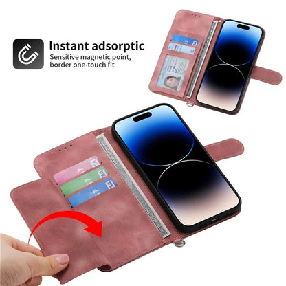 For iPhone 16 Pro Max Leather Case Multiple Card Slots Phone Cover with 2 Straps