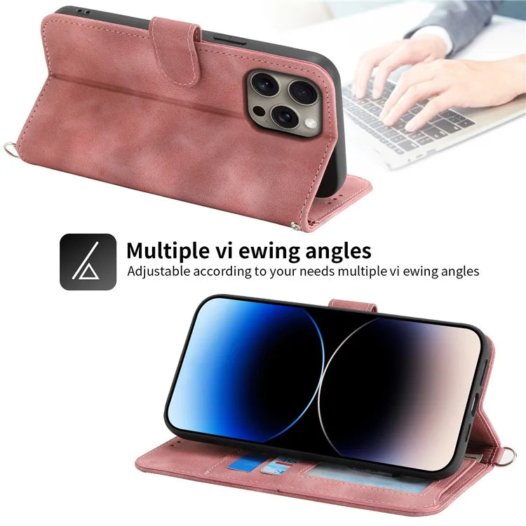 For iPhone 16 Pro Max Leather Case Multiple Card Slots Phone Cover with 2 Straps