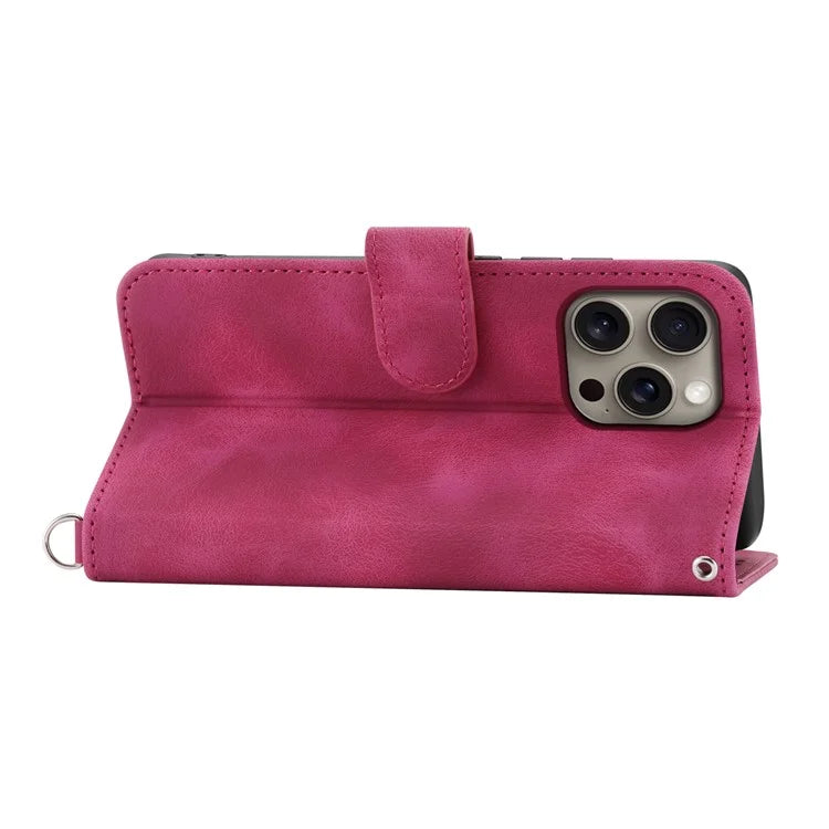 For iPhone 16 Pro Max Leather Case Multiple Card Slots Phone Cover with 2 Straps
