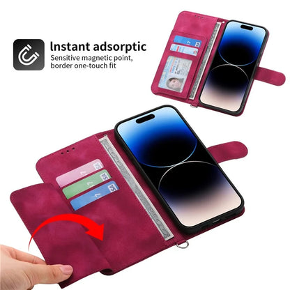 For iPhone 16 Pro Max Leather Case Multiple Card Slots Phone Cover with 2 Straps