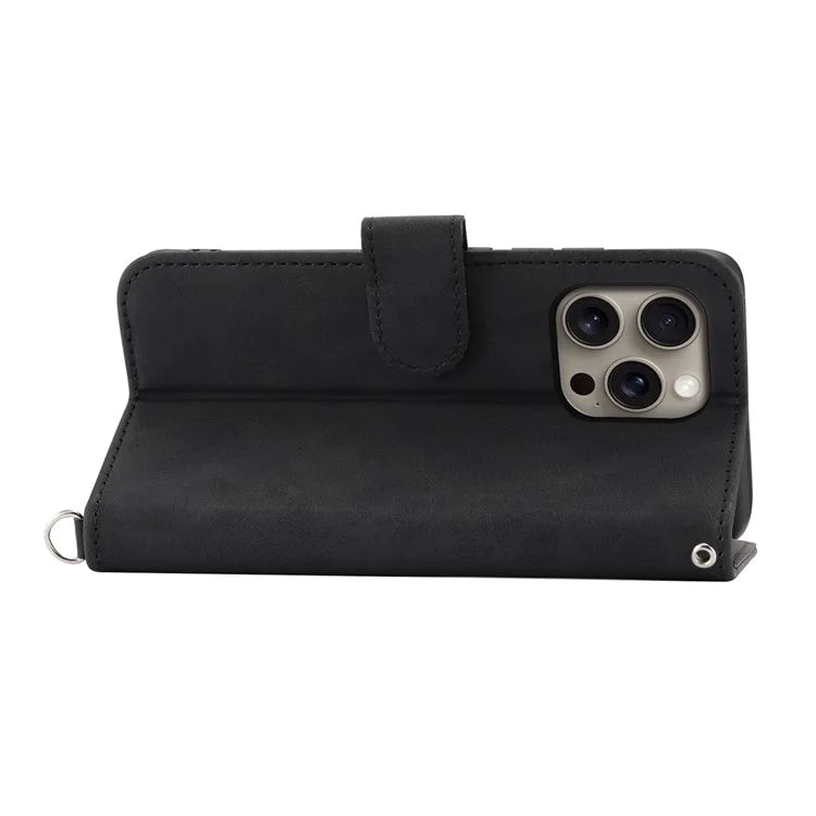 For iPhone 16 Pro Max Leather Case Multiple Card Slots Phone Cover with 2 Straps