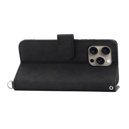 For iPhone 16 Pro Max Leather Case Multiple Card Slots Phone Cover with 2 Straps