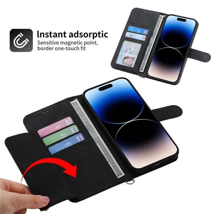 For iPhone 16 Pro Max Leather Case Multiple Card Slots Phone Cover with 2 Straps