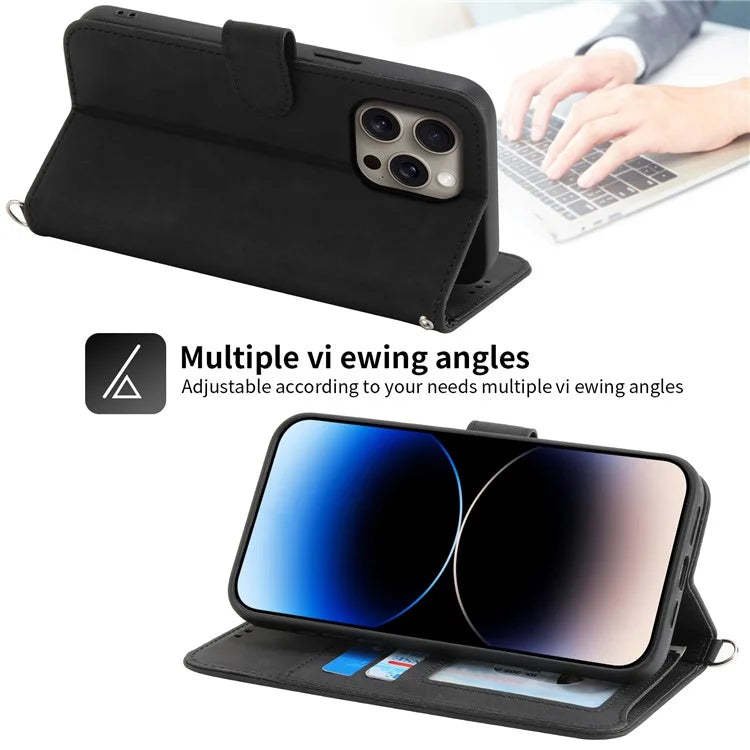 For iPhone 16 Pro Max Leather Case Multiple Card Slots Phone Cover with 2 Straps