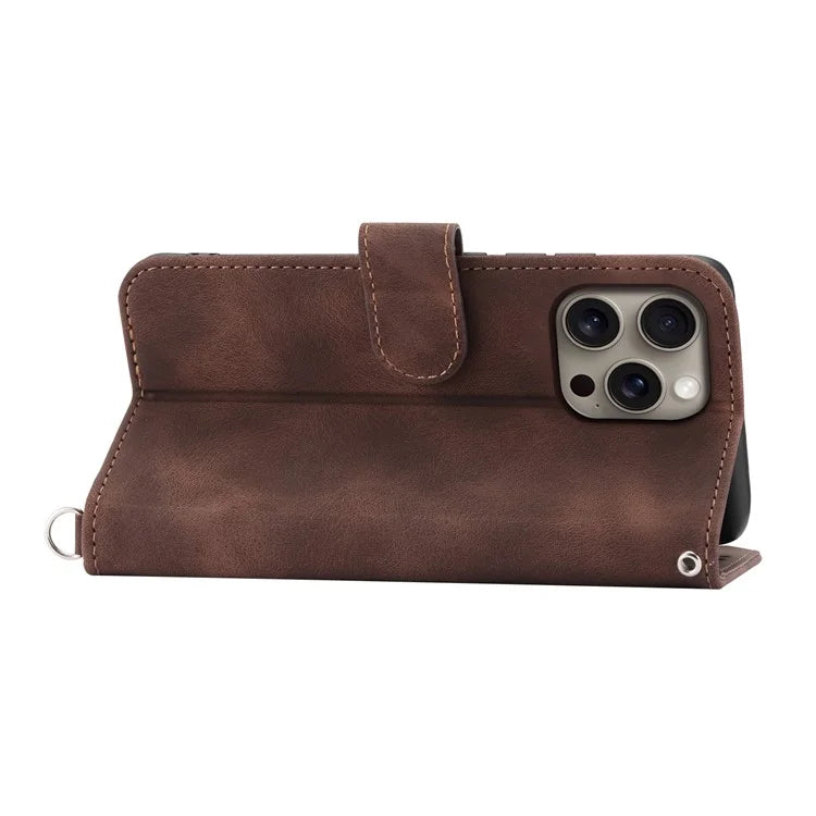 For iPhone 16 Pro Max Leather Case Multiple Card Slots Phone Cover with 2 Straps