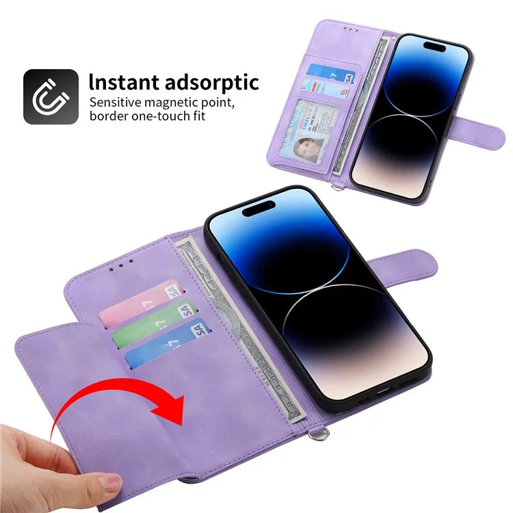 For iPhone 16 Pro Max Leather Case Multiple Card Slots Phone Cover with 2 Straps