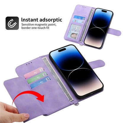 For iPhone 16 Pro Max Leather Case Multiple Card Slots Phone Cover with 2 Straps