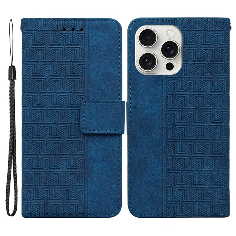 For iPhone 16 Pro Case PU Leather Geometry Imprint Wallet Phone Cover