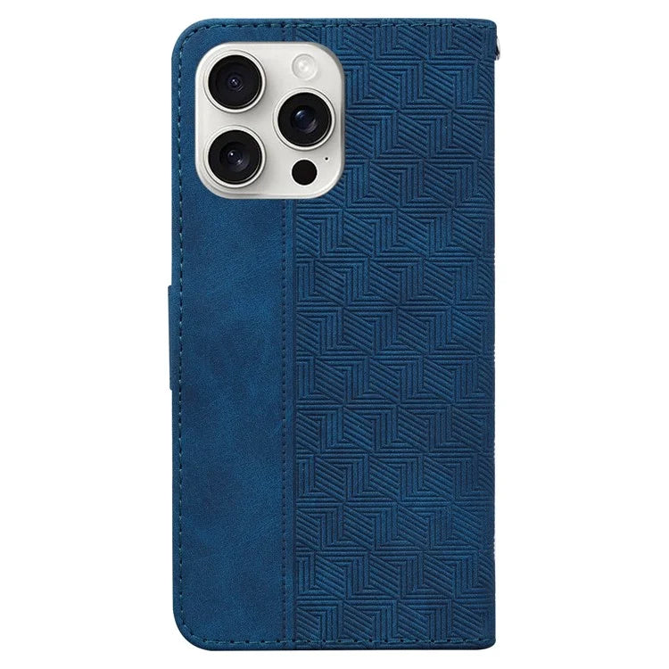For iPhone 16 Pro Case PU Leather Geometry Imprint Wallet Phone Cover