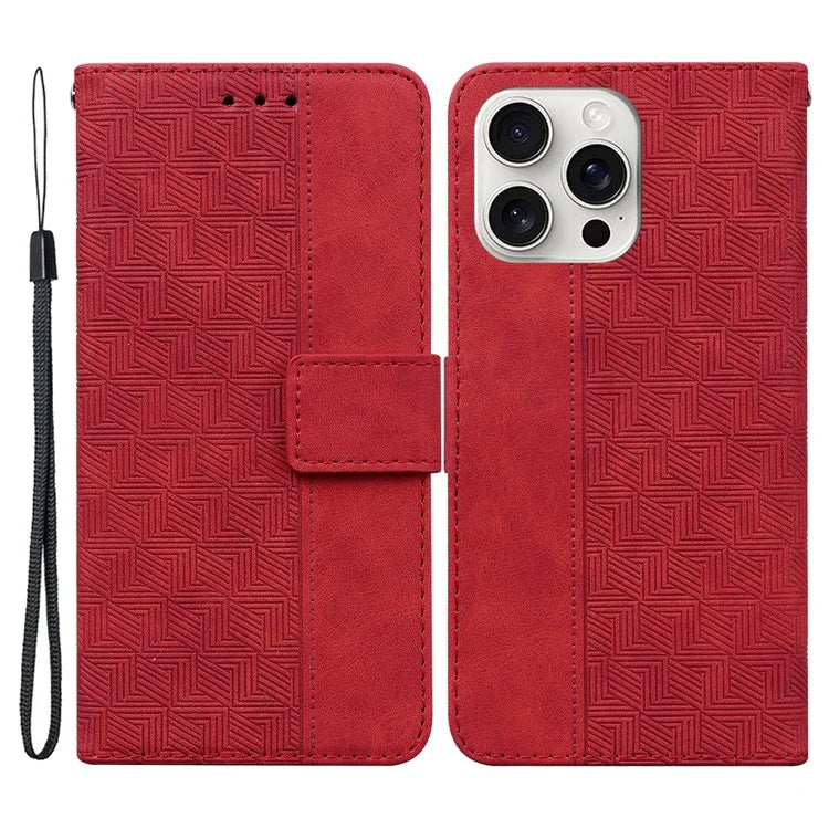 For iPhone 16 Pro Case PU Leather Geometry Imprint Wallet Phone Cover