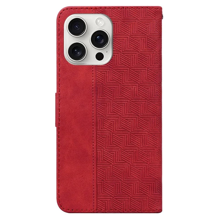 For iPhone 16 Pro Case PU Leather Geometry Imprint Wallet Phone Cover