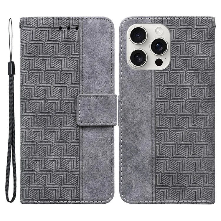For iPhone 16 Pro Case PU Leather Geometry Imprint Wallet Phone Cover