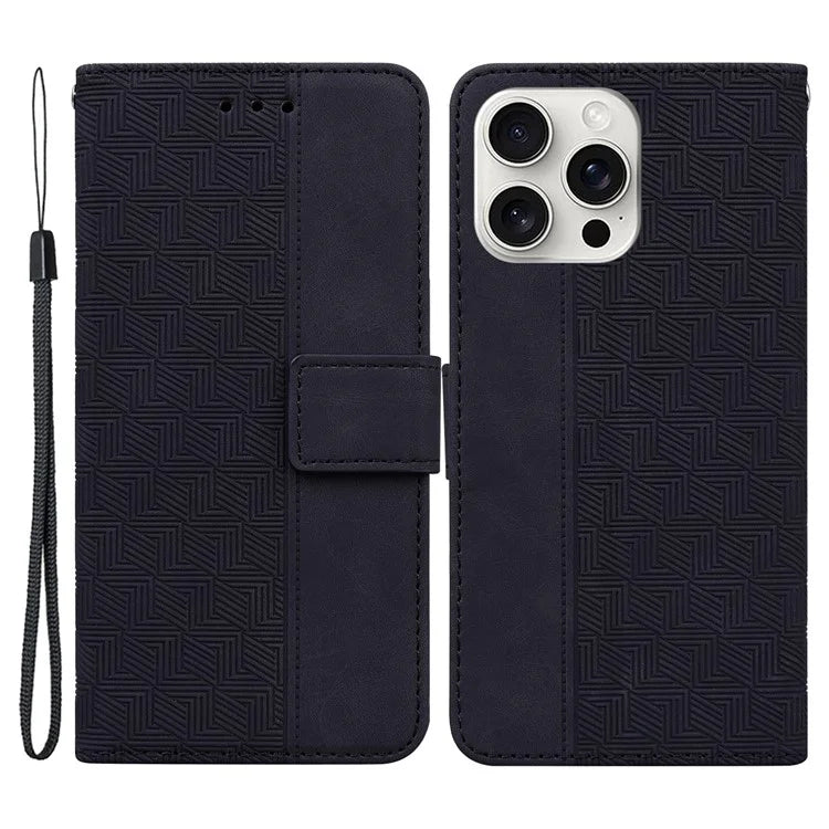 For iPhone 16 Pro Case PU Leather Geometry Imprint Wallet Phone Cover