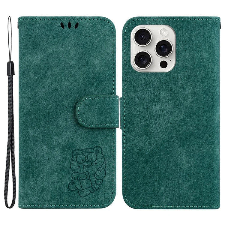 For iPhone 16 Pro Stand Case Cute Tiger Imprint Leather Wallet Phone Cover