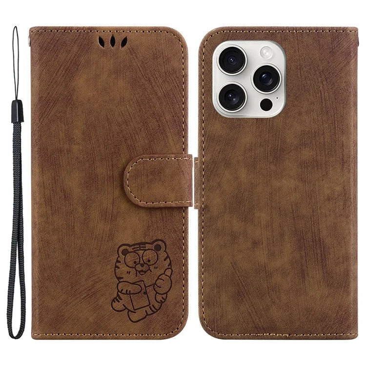 For iPhone 16 Pro Stand Case Cute Tiger Imprint Leather Wallet Phone Cover
