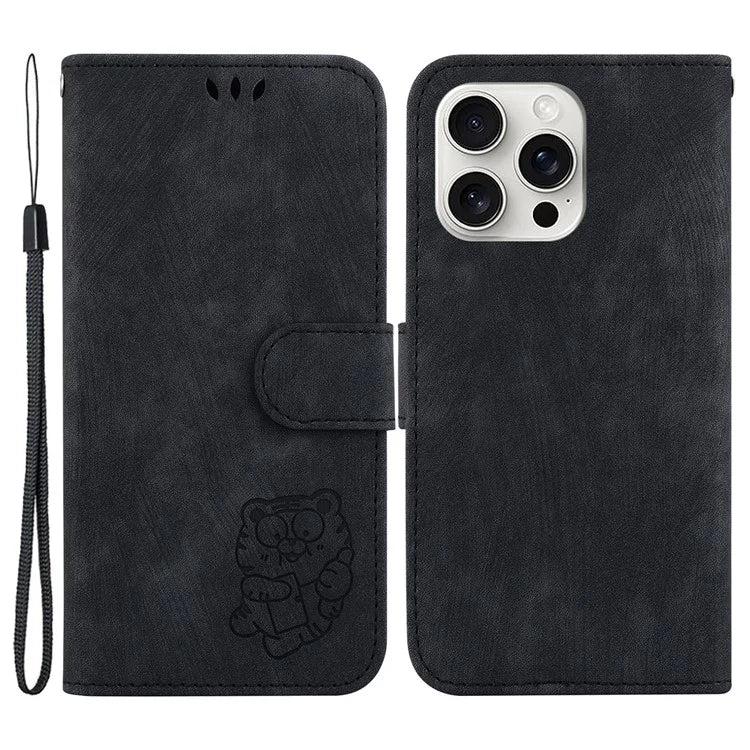 For iPhone 16 Pro Stand Case Cute Tiger Imprint Leather Wallet Phone Cover
